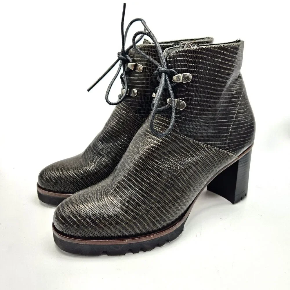 Zinda Lizard Embossed Leather Ankle Boots Chunky Lug Sole 37/US7 Edgy Streetwear